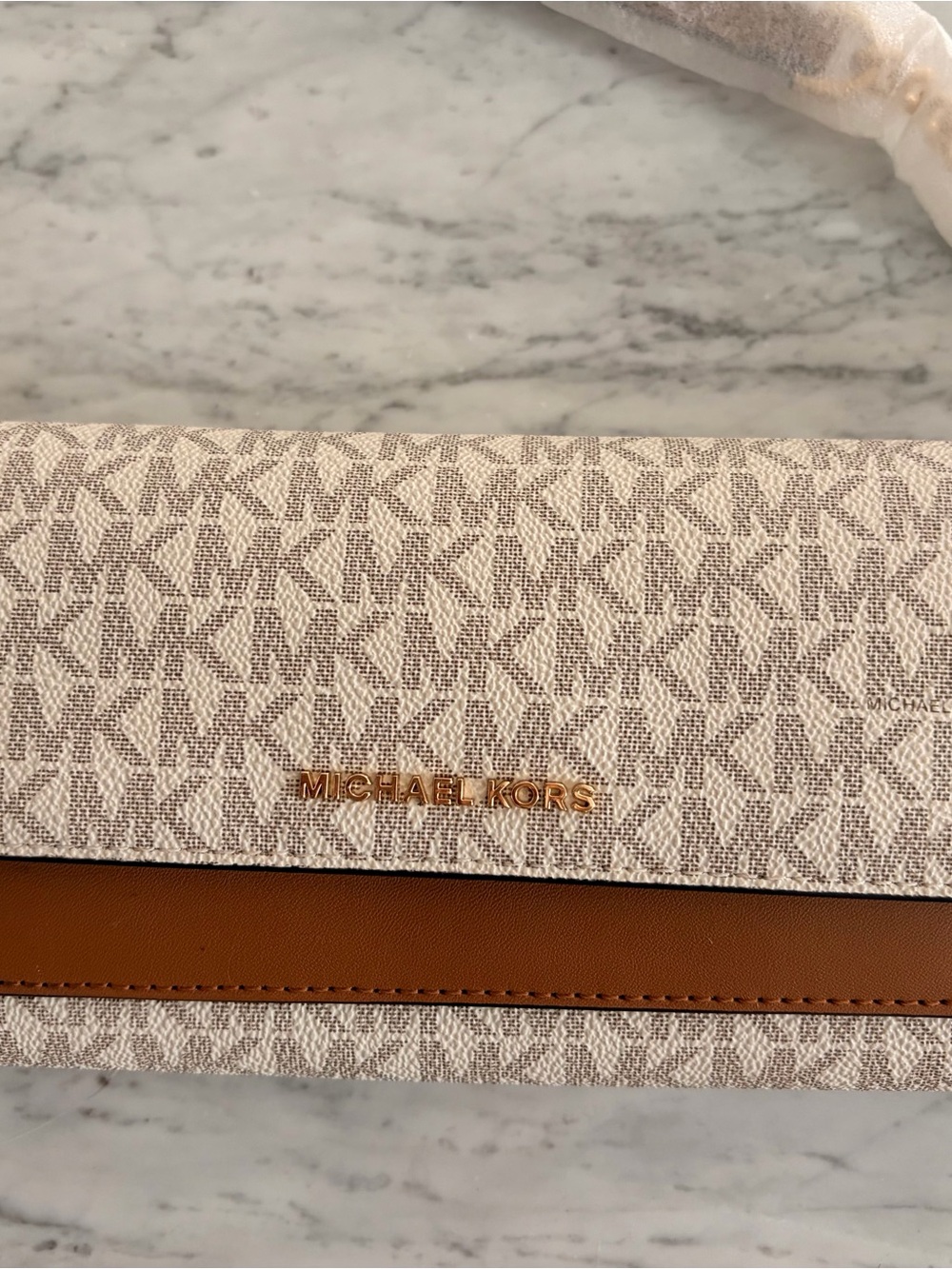 Michael Kors Cream Monogram Wallet with Brown Trim and Gold Hardware